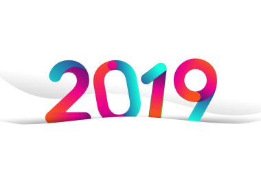 Yeni yıl kartı şablonu 2019 metin. Kış tebrik kartı beyaz arka plan üzerinde renkli vektör çizim