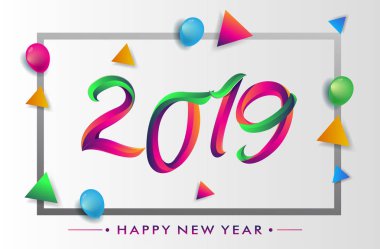 Yeni yıl kartı şablonu 2019 metin. Kış tebrik kartı beyaz arka plan üzerinde renkli vektör çizim