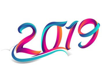 Yeni yıl kartı şablonu 2019 metin. Kış tebrik kartı beyaz arka plan üzerinde renkli vektör çizim