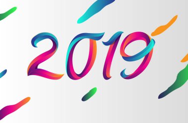 Yeni yıl kartı şablonu 2019 metin. Kış tebrik kartı beyaz arka plan üzerinde renkli vektör çizim