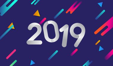 Yeni yıl kartı şablonu 2019 metin. Kış tebrik kartı mor arka plan üzerinde renkli vektör çizim