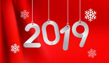 Yeni yıl kartı şablonu 2019 metin. Kış tebrik kartı kırmızı arka plan üzerinde renkli vektör çizim