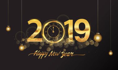 Yeni yıl kartı şablonu 2019 metin. Kış tebrik kartı gri arka plan üzerinde renkli vektör çizim