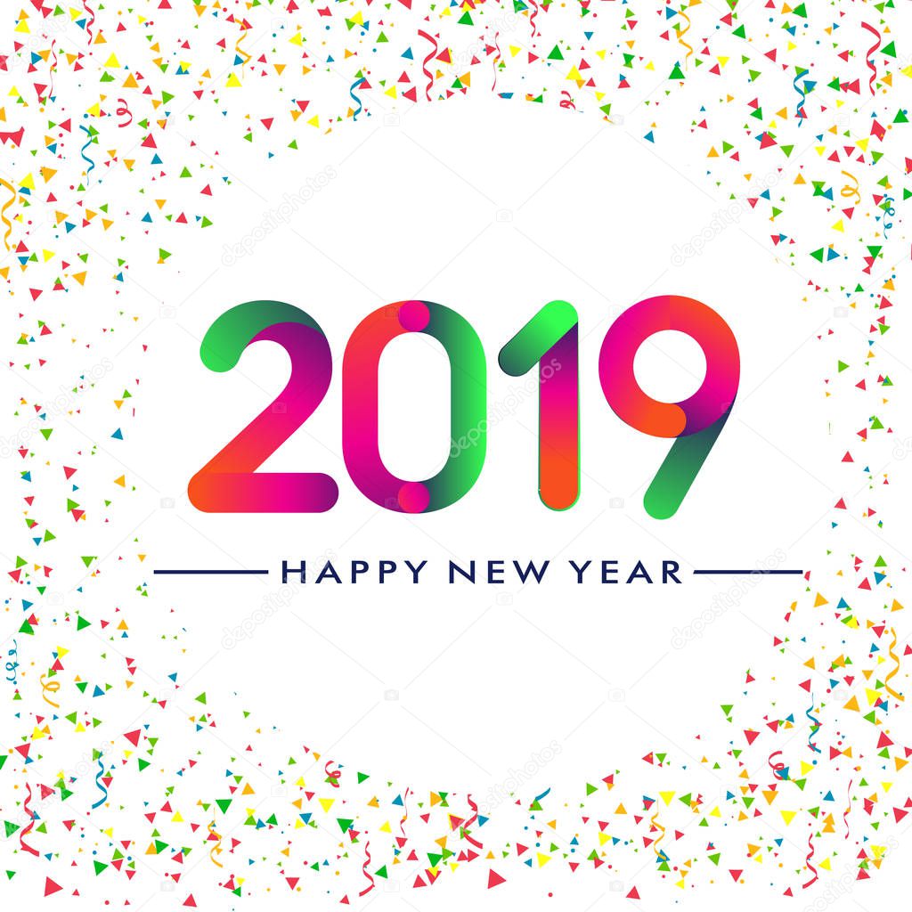 New year card template with 2019 text. Colorful vector illustration of winter greeting card on white background