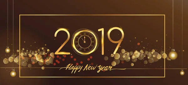 Yeni yıl kartı şablonu 2019 altın metin. Kış tebrik kartı kahverengi arka plan üzerinde renkli vektör çizim