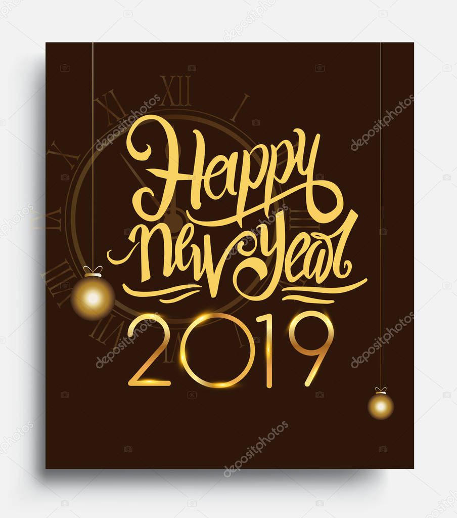 New year card template with 2019 golden text. Colorful vector illustration of winter greeting card on brown background