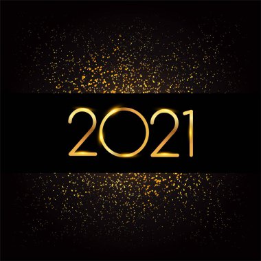 Siyah arkaplanda parlayan simler, altın renkli metin tasarımı, takvim ve tebrik kartı vektör elemanları ile mutlu yıllar 2021..