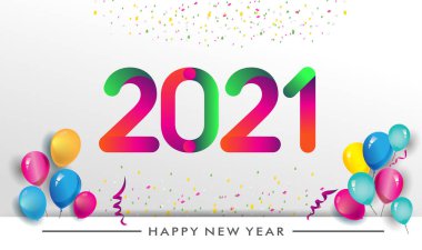 Yeni yılın kutlu olsun. Yeni yıl kutlamaları için balon, konfeti ve tasarım şablonu olan tebrik kartları ve poster tasarımı için tipografi vektörü tasarımın kutlu olsun..