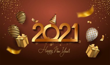 Mutlu yıllar 2021 - Altın Kurdele ve Parıltı ile Yeni Yıl Parlak Arkaplanı, Zarif Tasarım.