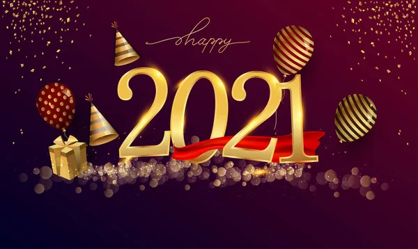 Mutlu yıllar 2021 - Altın Kurdele ve Parıltı ile Yeni Yıl Parlak Arkaplanı, Zarif Tasarım.