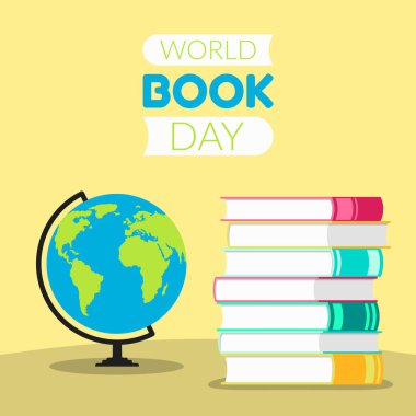 Vektör çizimi. Dünya Kitap Günü konsepti, renkli kitap yığını ve masanın üstünde duran bir dünya. Düz bir tarzda yapılmış. İnternet, sosyal ağlar, kartpostallar için..
