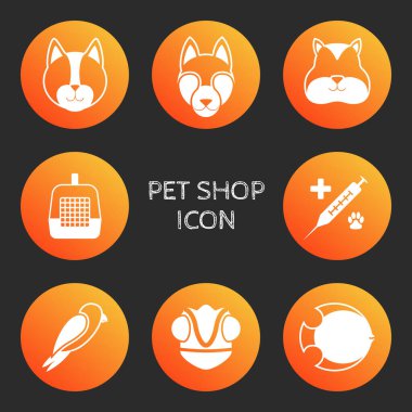İkonların vektör kümesi. Konu çevrimiçi evcil hayvan dükkanı. Bir kedinin, köpeğin, hamsterın, bukalemunun, balığın, aksesuarların, parlak turuncu halkalardaki veterinerlik ilaçlarının siluetlerinin resimleri..