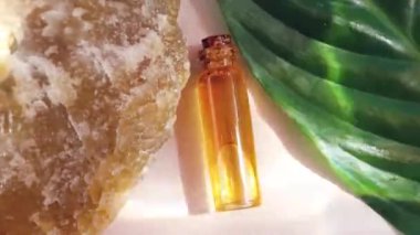 Güzel taş ve taze bitki yaprağı arasında küçük bir şişe doğal ve gerekli yağ yatıyor. Parlak zıt gökkuşağı ışığı. Doğal esanslar için konsept, organik kozmetik, aroma terapi, spa. Düz yatıyordu.