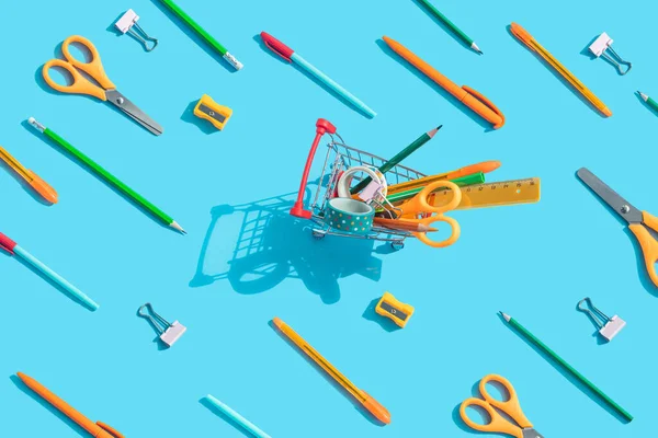 Back School Miniature Supermarket Trolley Stationery Scissors Pens Pencils Paper — Stock Photo, Image