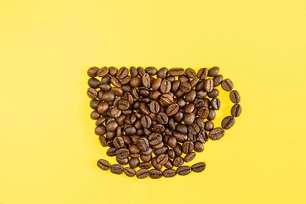 Cup Saucer Lined Coffee Beans Yellow Background Creative Concept Coffee — Stock Photo, Image