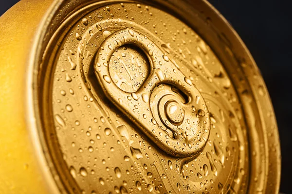 Closed Tin Can Close Top View Golden Color Water Drops — Stock Photo, Image