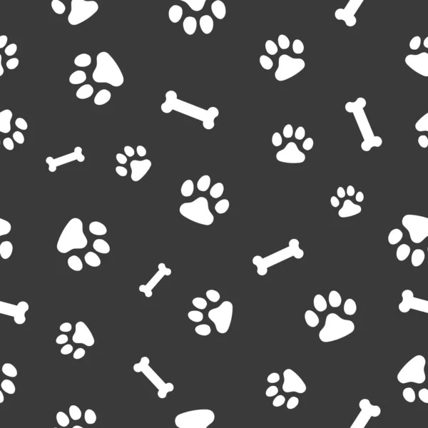Vektör, kusursuz desen. Soyutlama, kedinin beyaz pençeleri, köpek, koyu gri arka planda kemikler. Parmak izi, ambalaj, sosyal medya ve internet için.