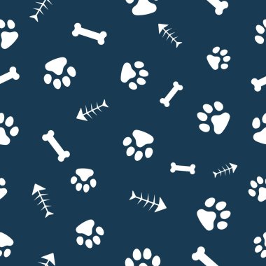 Vektör, kusursuz desen. Soyutlama, kedinin beyaz pençeleri, köpek, koyu mavi arka planda balık kemikleri. Yazdırma, paketleme, sosyal medya ve internet için.