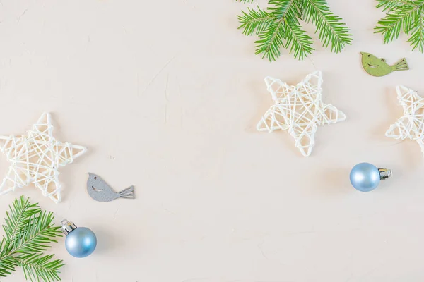 Nieuwjaar Kerstmis Plat Lag Pastel Neutrale Kleuren Houten Decoratieve Sterren — Stockfoto