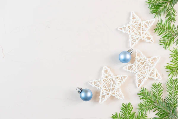 Nyår Och Jul Platt Låg Pastellneutrala Färger Trä Dekorativa Stjärnor — Stockfoto
