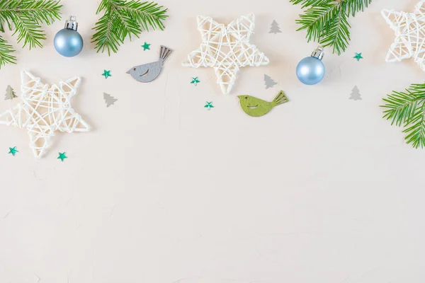 Nyår Och Jul Platt Låg Pastell Neutrala Färger Trä Dekorativa — Stockfoto