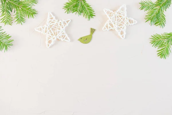 Nieuwjaar Kerstmis Plat Lag Pastel Neutrale Kleuren Houten Decoratieve Sterren — Stockfoto