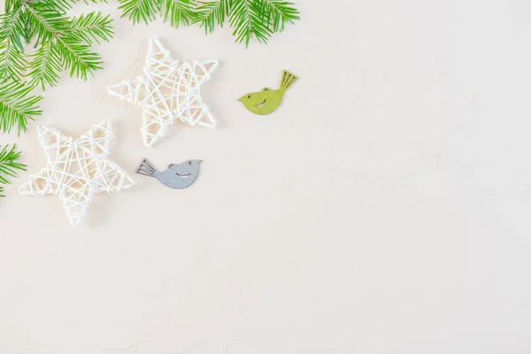 Nieuwjaar Kerstmis Plat Lag Pastel Neutrale Kleuren Houten Decoratieve Sterren — Stockfoto