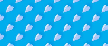 Pattern from white paper airplanes on a blue background. Creative concept of travel, flights.	