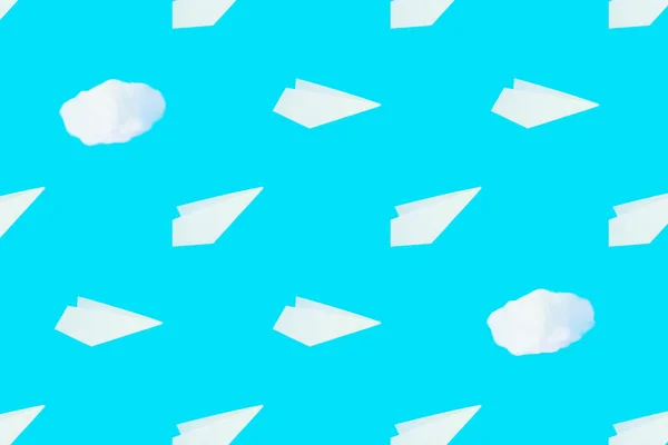 Pattern White Paper Airplanes Cotton Clouds Blue Background Creative Concept — Fotografia de Stock
