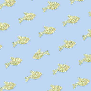 Omega3 vitamini konsepti, balık yağı. Kapsüller bir balık şeklinde serilmiştir. Boşluğu kopyala, minimalizm, üst görünüm.