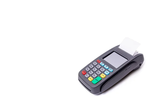 Işık arka planında Pos terminali. Banka ekipmanları. Ediniyorum. Banka kredi kartlarının kabul edilmesi. Temassız ödeme. Uzun yatay bayrak.