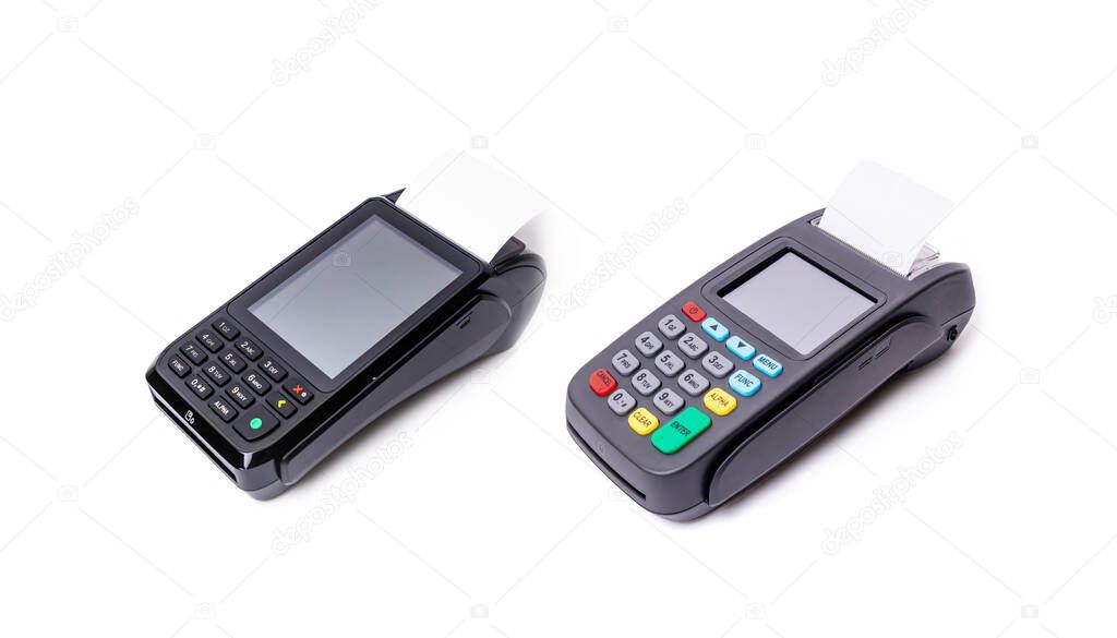 Pos terminal on light background. Banking equipment. Acquiring. Acceptance of bank credit cards. Contactless payment. Long horizontal banner.