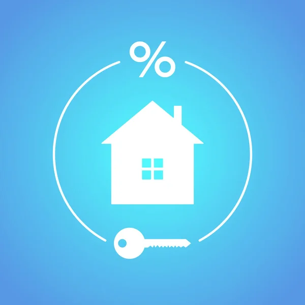 抵押贷款的概念 住房贷款 用抵押贷款的利息购买你的房子 蓝色背景的带有百分之一符号和白色键的房子的矢量图 — 图库矢量图片
