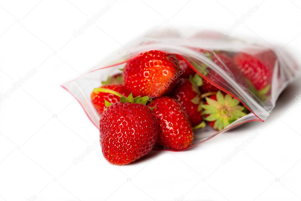 fresh strawberry in transparent open plastic bag with lock isolated on white.