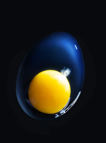 Surowe złamane jajko zbliżenie na czarnym tle. Makro. Pojęcie pochodzenia życia Obrazek Stockowy