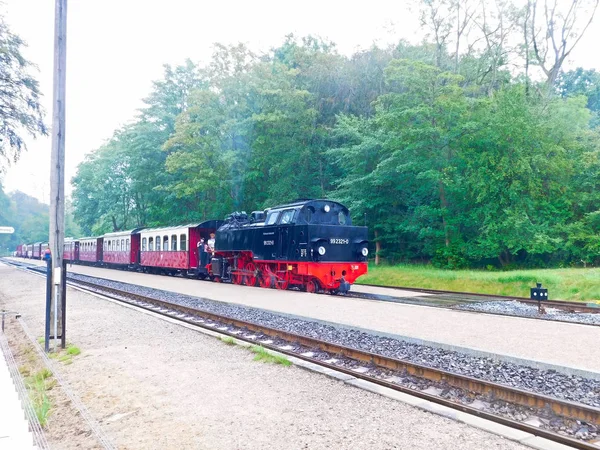 Una Locomotiva Vapore Sulla Stazione Ferroviaria Sotto Pioggia Battente — Foto Stock