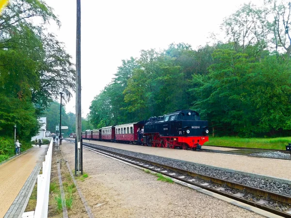 土砂降りの雨の中 駅の蒸気機関車 — ストック写真