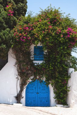 Geleneksel beyaz ve mavi archite ile Sidi Bou Said Sokakları