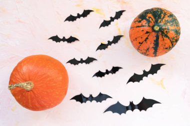 Pembe arka planda balkabakları ve yarasalar.