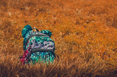 payetler ve kulakları sonbahar çimleri, tatil, okula dönüş sonu kavramı üzerinde sırt çantası