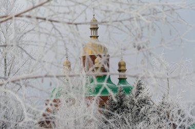 Kilisenin arkasında kışın ağaçların dallarında altın kubbe.