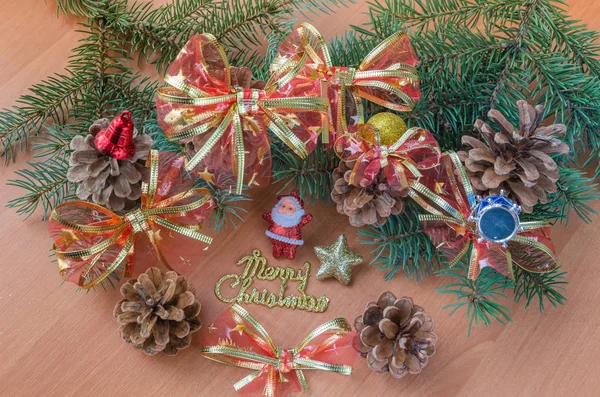 Christmas Toys Balls Pine Cones Branches Spruce Wooden Background — Stock Photo, Image