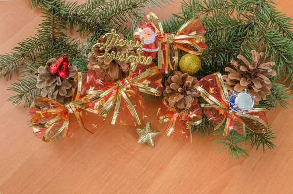Christmas Toys Balls Pine Cones Branches Spruce Wooden Background — Stock Photo, Image