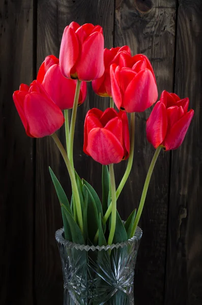 나무 배경에 빨간 튤립의 봄 꽃다발. — 스톡 사진