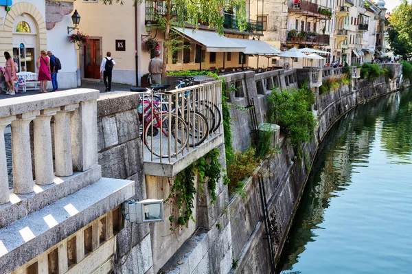LJUBLJANA / SLOVENIA - 07 AĞUSTOS: Ljubljanitsa nehrinin taştan yapılma seti 07.08.2019 tarihinde Ljubljana 'da. Slovenya 'ya Seyahat.