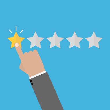 Derecelendirme vektörü çizimi. El, yıldız derecelendirme tıklama simgesini düz tasarıma koyar