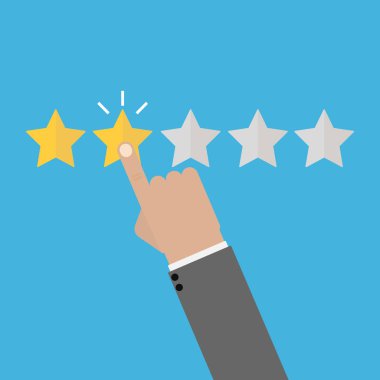 Derecelendirme vektörü çizimi. El, yıldız derecelendirme tıklama simgesini düz tasarıma koyar