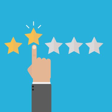 Derecelendirme vektörü çizimi. El, yıldız derecelendirme tıklama simgesini düz tasarıma koyar