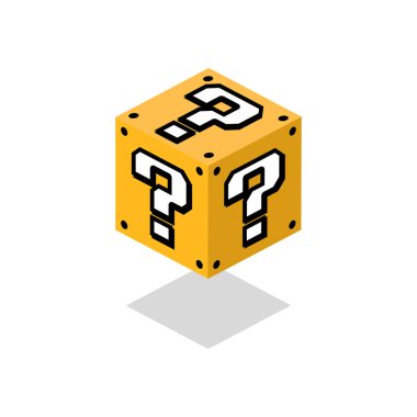 Çizgi film soru kutusu. Oyun bitti. Vektör simgesi. Isometric tasarımı