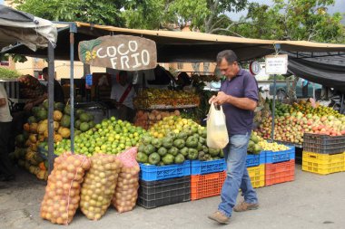 Merida, Venezuela - 4 Nisan 2017: Bilinmeyen adam Soto Rosa pazarındameyve tezgahlarından geçiyor.